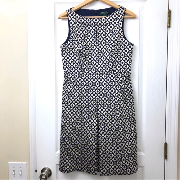 Lauren Ralph Lauren Navy Blue Metallic Gold Jacquard Dress Geometric Pattern - Picture 4 of 16